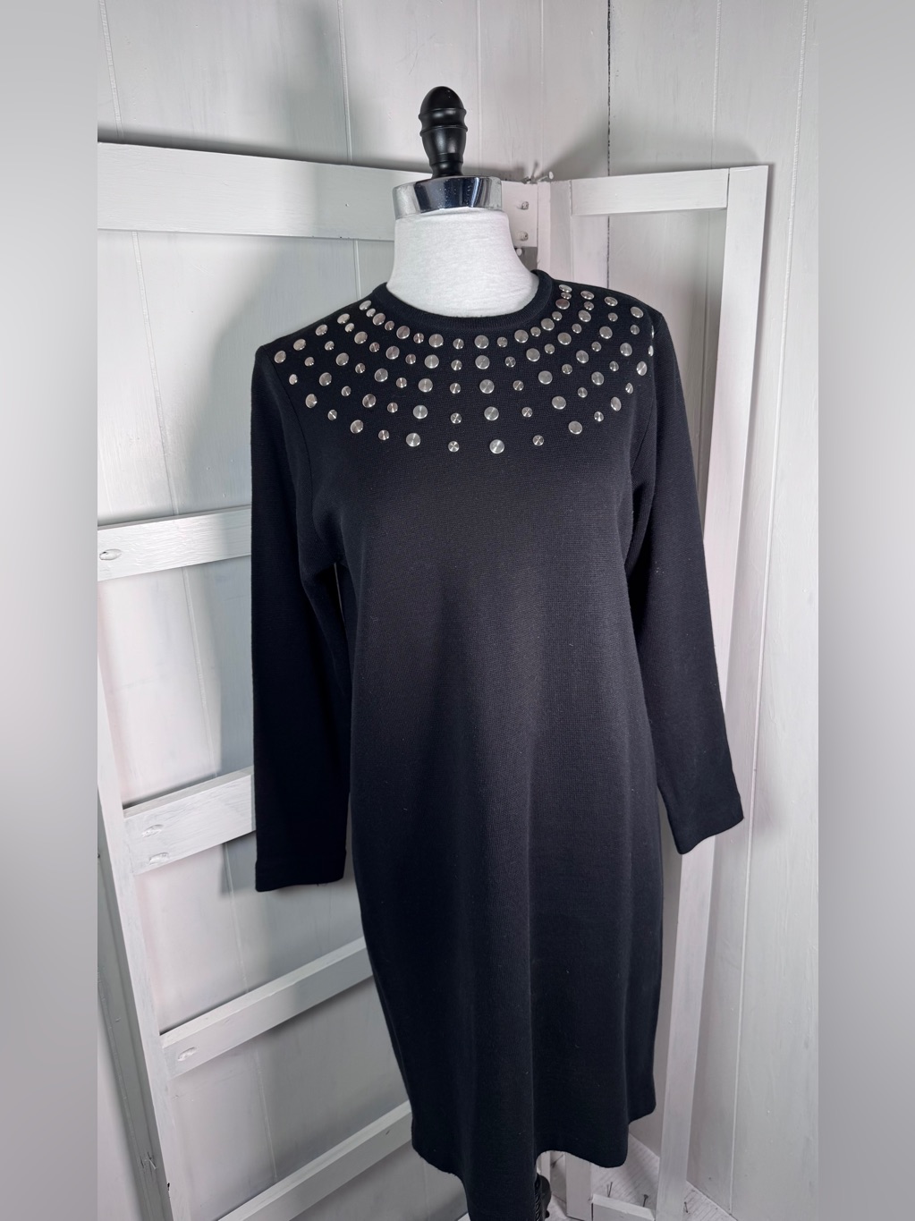 Vintage R&K 80s Black Hand Studded Sweater Dress Medium Mint Glam Rock